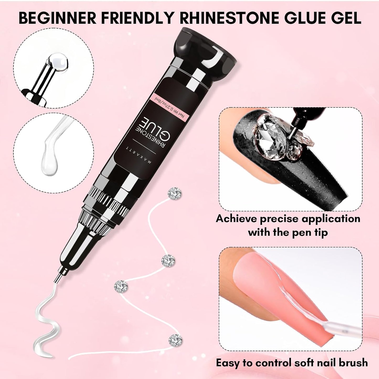 Makartt AB Rhinestones Gel Nail Glue for Gems, 8ML with Half-Round Pearl & Rhinestone Picker Tweezers, Strong Adhesive for Nail Gems, Diamond Art & Nail Charms Decoration