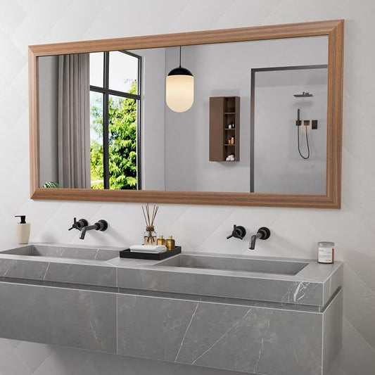 Amorho Bathroom Mirror, 60 X30 Inch Wall Mirror, Walnut Wood Grain Metal Framed by Amorho