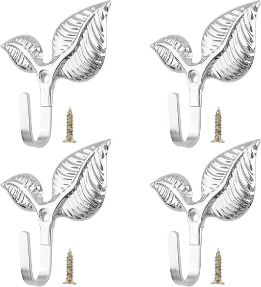 Set of 4 Vintage Leaf Wall Hooks Silver Metal Coat Hooks Heavy Duty Decorative by Unknown