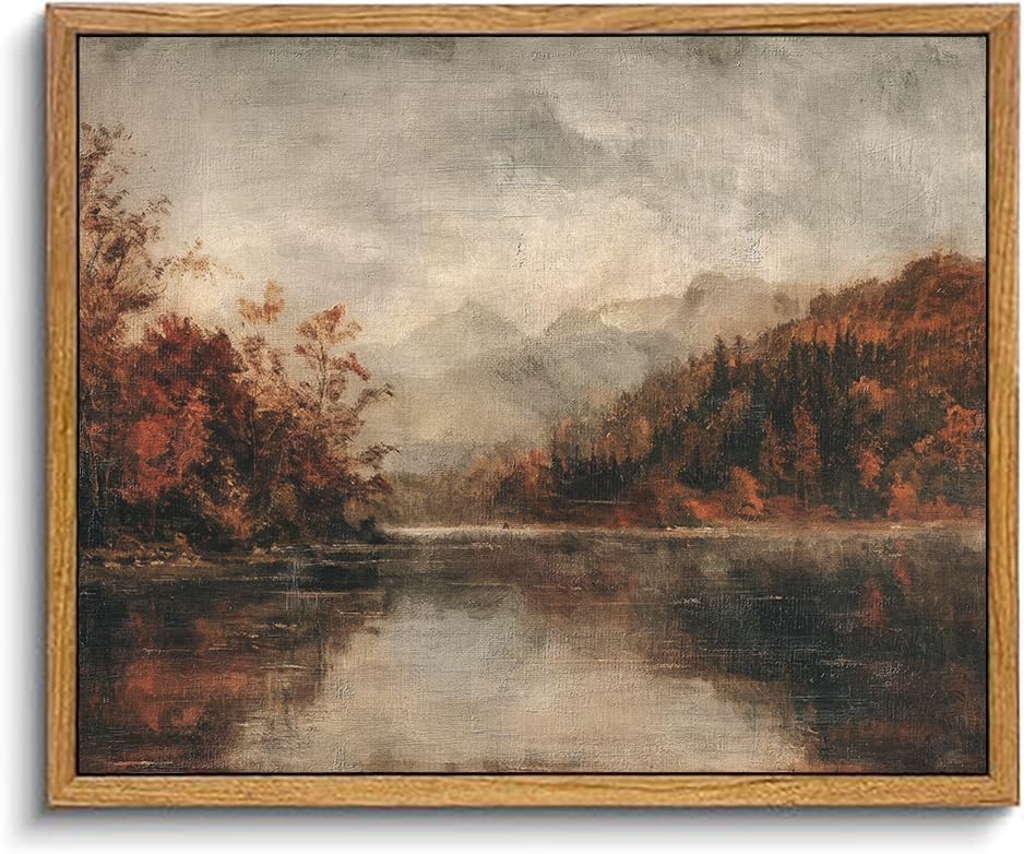 KBKBART Vintage Framed Wall Art Autumn Lake Scenery Forest Moody Paintings by KBKBART