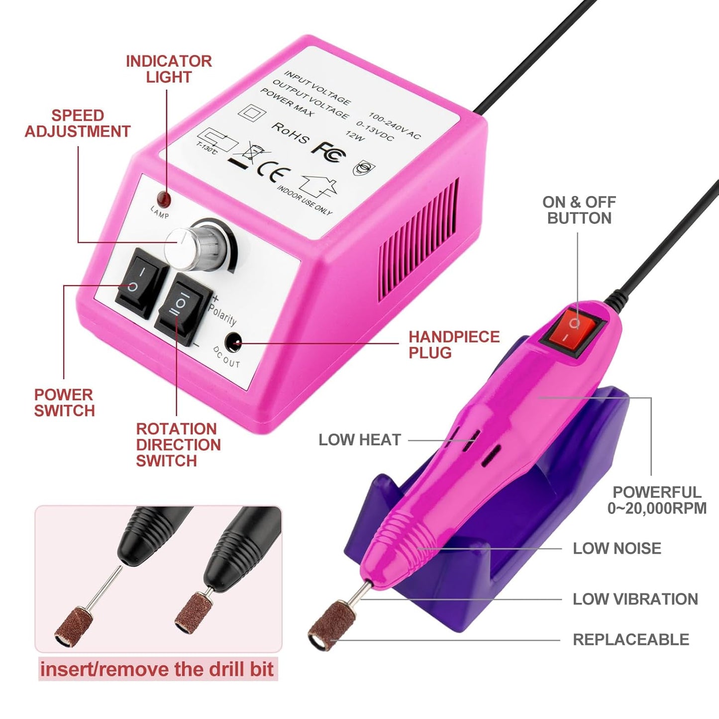 Professional Electric Nail Drill Machine Nails File Kit Manicure Pedicure Set for Acrylic Nail Gel Dip Powder Art Shape Remover Tool Polisher Grinder Low Noise with 156pcs Sanding Bands