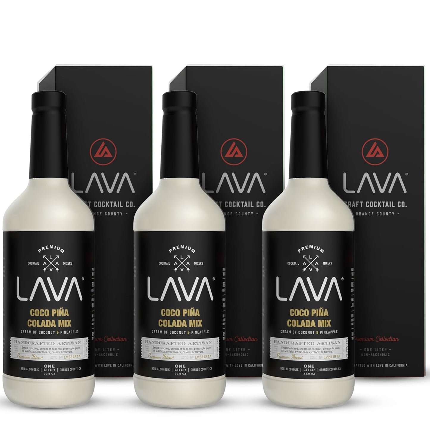 (3 Pack) LAVA Premium Coco Pina Colada Made with Cream of Coconut and Real Pineapple, No Artificial Sweeteners or Flavors, 1-Liter (33.8oz) Glass Bottle.