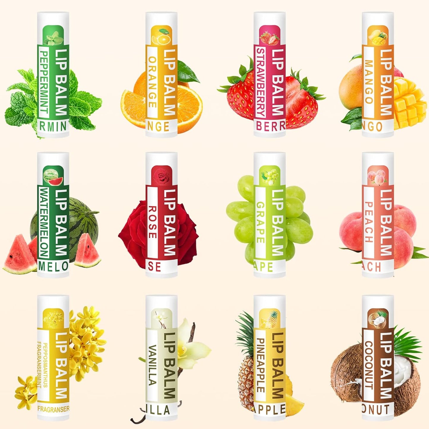 DMSKY Natural Lip Balm Bulk 36 Pack, Moisturizing Lip Balm with Vitamin E and Coconut Oil, Lip Care Product for Chapped Lips-12 Flavors