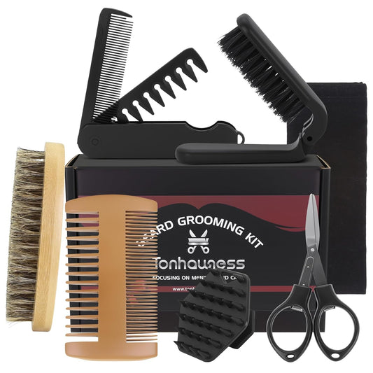 Beard Brush Beard Comb Set for Men, 7 IN 1 Facial Hair Grooming Kit with Boar Bristle Beard Brush, Wood Beard Comb, Silicone Soft Cleaning Brush, Mustache Scissors, Travel Foldable Beard Brush Comb