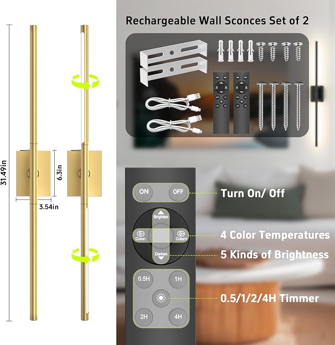 Battery Operated Wall Sconces Set of Two: Dimmable Wireless Wall Lights - Image 8