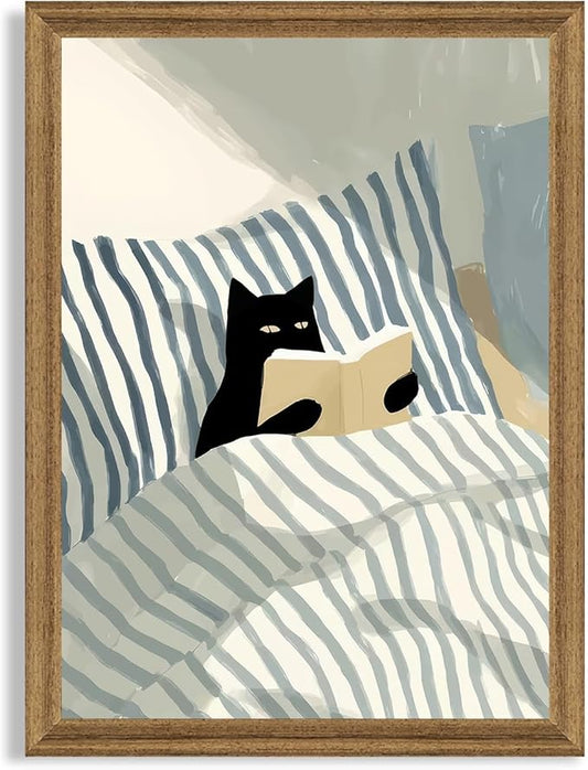Fantasy Artists Reading Black Cat on Bed Wood Framed Wall Art, 12x16 Inches by Unknown