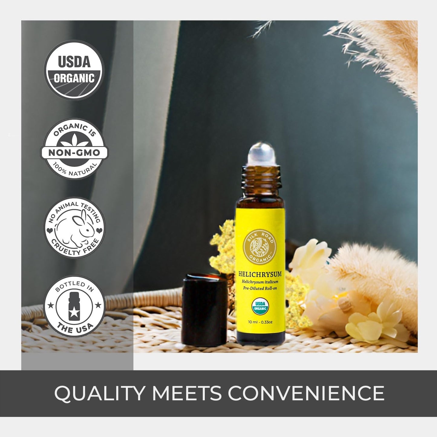 Silk Road Organic Helichrysum Italicum Essential Oil Roll On, 100% Pure USDA Certified Aromatherapy for Skin Vitality & Anti-Aging - 10 ml Roller - Always Pure, Always Organic