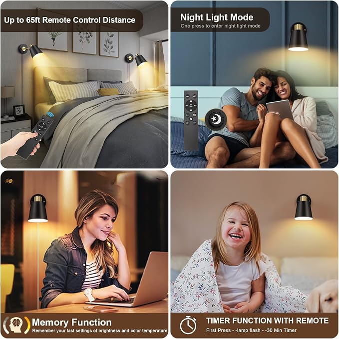 VATONI Wall Sconce Plug in, Remote Control Dimmable Wall Sconces and Adjustable - Image 4