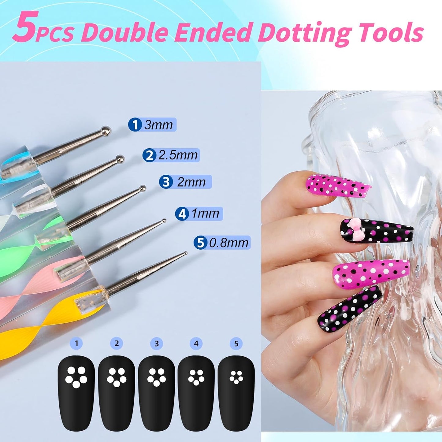 Nail Art Kit for Beginners with Nail Brushes Set and Dotting Tools, Jumbo Holographic Glitter Sequins Assorted Heart Star Maple Leaf Glitter Flakes Colorful Striping Tape with Tweezers (02-Pink)