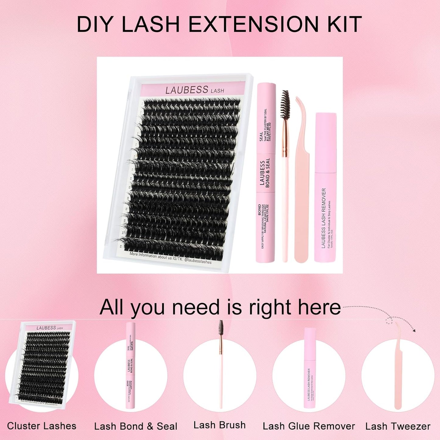 Lash Extension Kit LAUBESS Lash Clusters Kit Cluster Eyelash Extensions Kit Eyelash Clusters Lash Bond and Seal Waterproof Tweezers Brush Lash Glue Remover (Kit 60D/80D-D-Mix8-18(3D)
