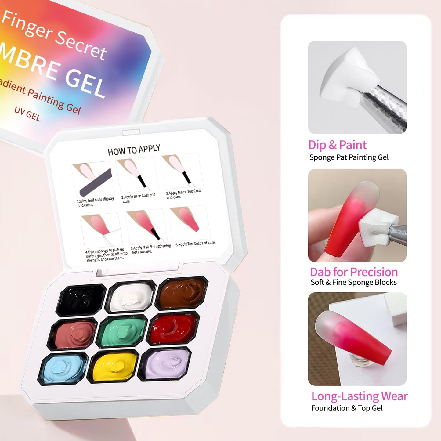 Ombre Gel Nail Polish with Nail Art Sponges for Pat Gel Ombre Color Palette Blush Effect Gradient Painting Gels 9colors for Ombre Nails Multistyle French Manicure DIY