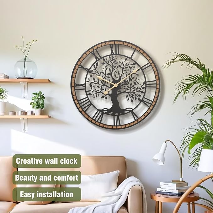 Micasso Vintage Large Wall Clock: 30Inch FarmhouseTree of Life Metal - Image 2