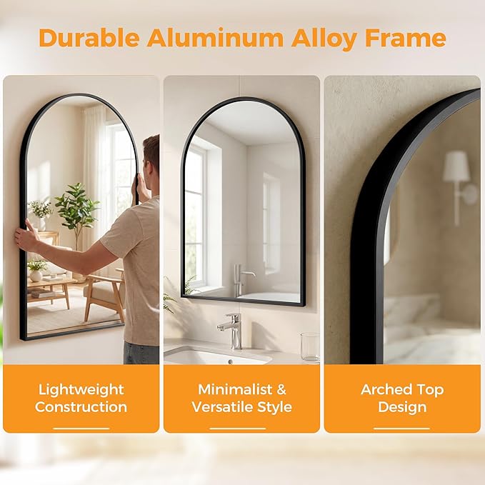 OLIXIS 26x38 Inch Arched Black Bathroom Mirror - Image 3