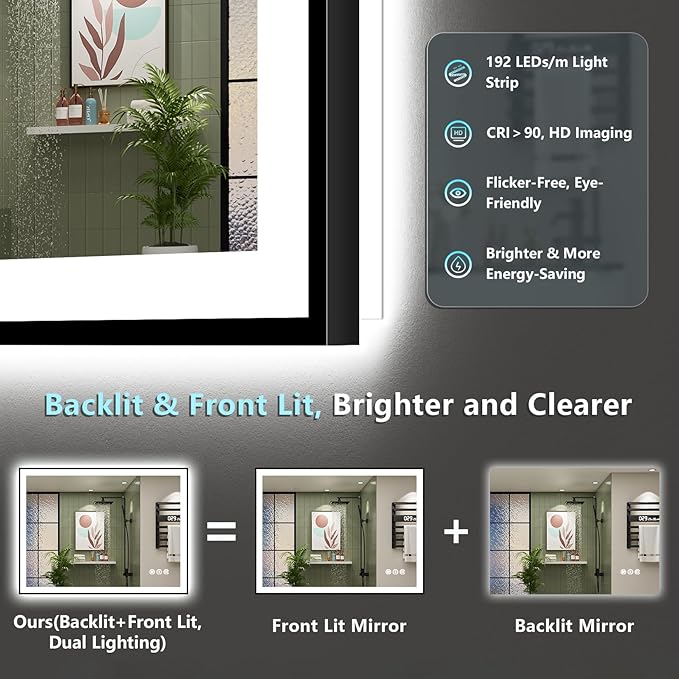 48x32 Black Framed LED Bathroom Mirror - Image 4