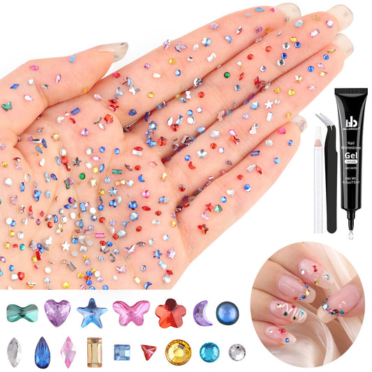 1.2-3 MM 4700 PCS Muliti Shape Colorful Rhinestones for Nail Art, 3D Resin Flatback Bedazzling Gems Mini Flower Bow Heart Star Butterfly, Gems Kit with Tweezers, Pickup Pencil and 15ML Nail Glue