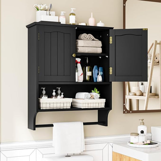 Black Bathroom Cabinet with Towel Rack, Bathroom Wall Cabinet with 2 Doors and by MinoKesper