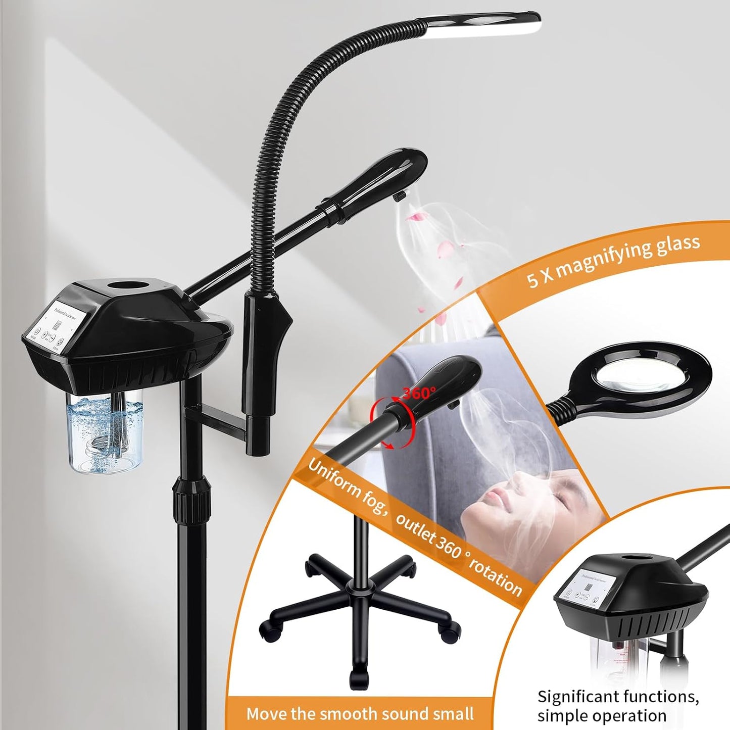 Facial Steamer for Ozone Humidifier Atomizer Attach 5× Magnifier and Light, Professional Face Steamer Clean Skin Firming Pores and Moisturizing Suitable for a Beauty, Spa, at Home