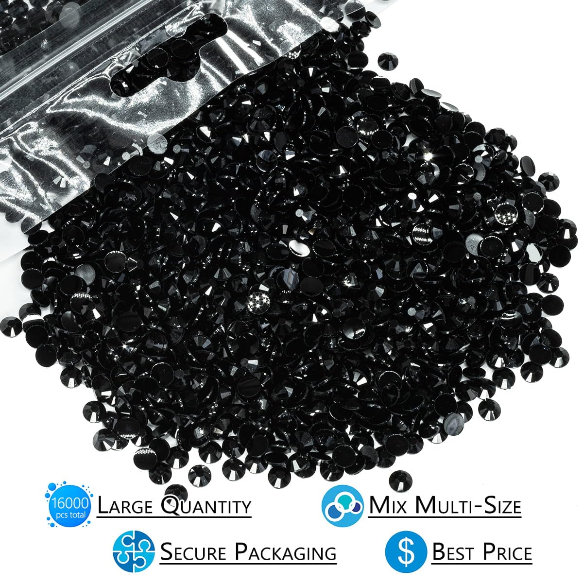16000PCS Pure Black Resin Rhinestones for Crafting 3mm 4mm 5mm Flatback Jelly Stones Bulk SS10 SS16 SS20 Diamonds Gems Charms for Nails Face Eyes Makeup Tumblers Bottles Crafts Clothes Shoes