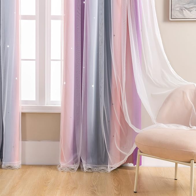 XiDi Curtains for Bedroom Decor, Rainbow GreyPinkPu-34-54 - Image 3