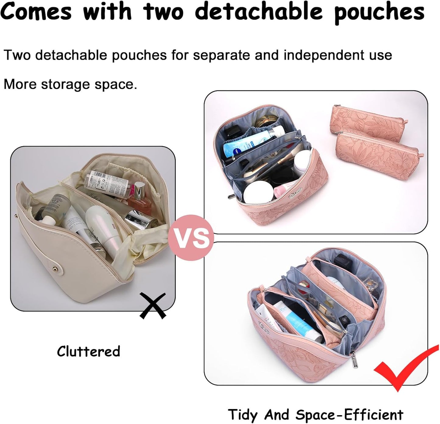 BOYATU Travel Makeup Bags Cosmetic Organizer Bag: 3-Set Large Capacity Make up Bag - PU Leather Toiletry Bags for Women - Wide Open Portable Pouch with Divider & Handle (01-Z-Pink)