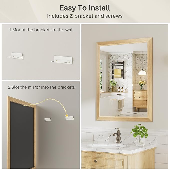 24x32 Inch Bathroom Mirror for Wall, Anti-Rust Oak Wood Grain Metal Framed - Image 5