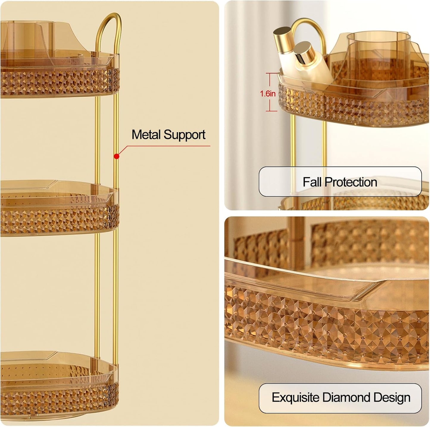 Rotating Makeup Organizer for Vanity 3 Tier, Perfume Organizer with Makeup Brush Holder, Large Capacity Cosmetics Clear Skincare Organizer for Countertop (Pink)