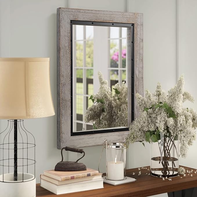 YOSHOOT Rustic Wooden Framed Wall Mirror, Natural Wood and Iron Bathroom Vanity - Image 5