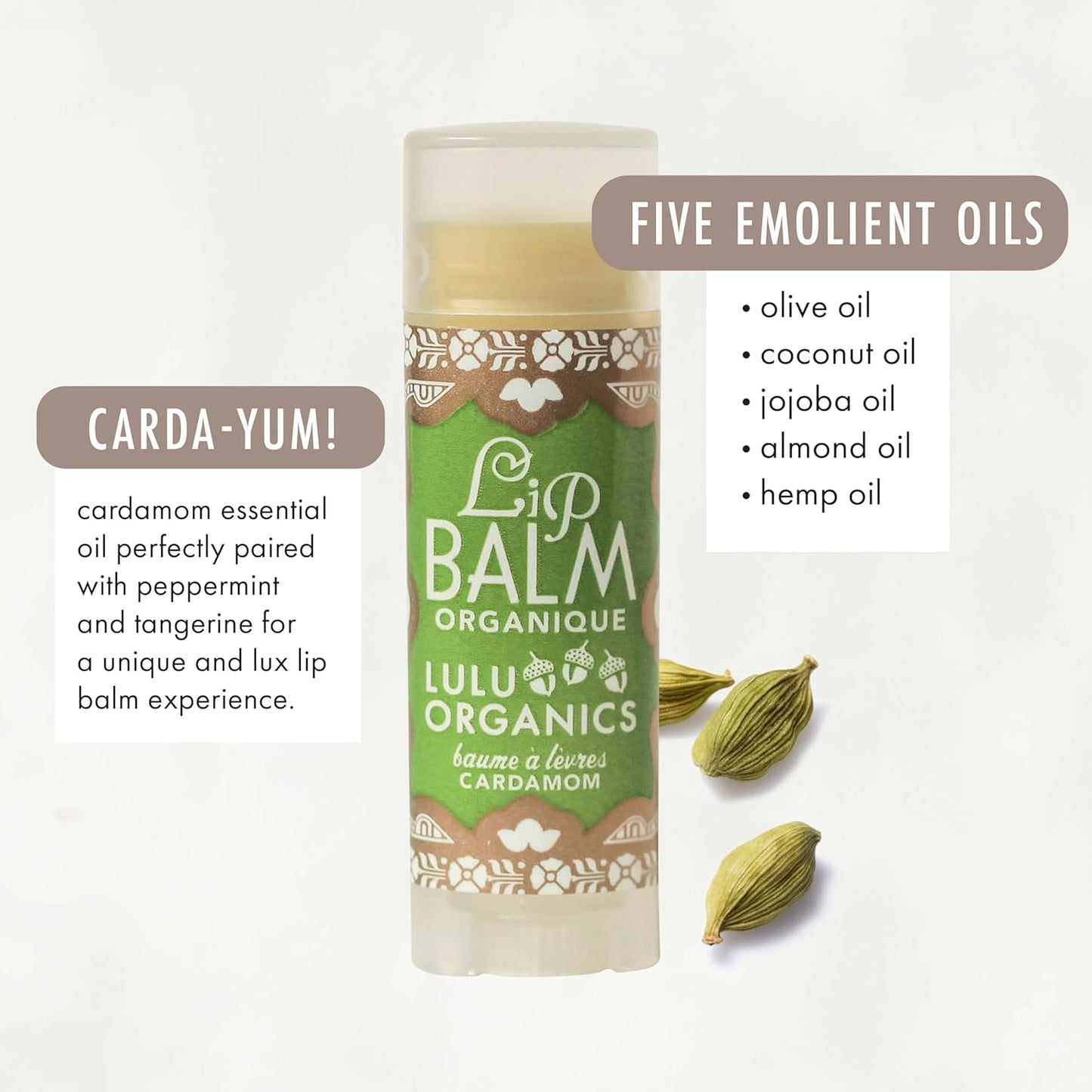 Natural Lip Balm, Nourishing and Moisturizing Premium Lip Care, Handmade Hydrating Lip Balm, Lip Treatment for Dry and Cracked Lips, Repairing and Fragrance Free - Cardamom - 0.15oz