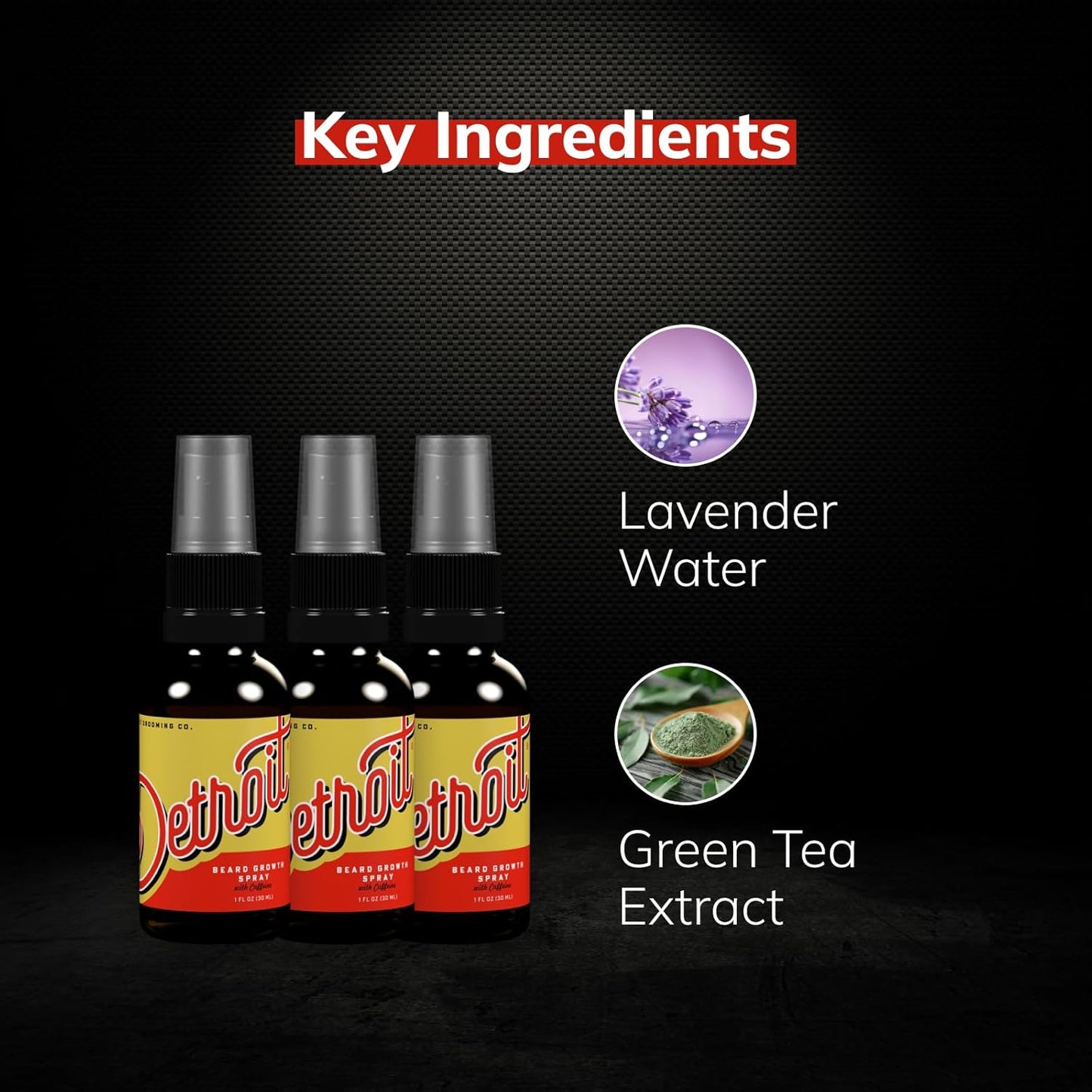 Detroit Grooming Co. Beard Growth Spray | Boost Beard Growth with Biotin, B7 & Caffeine | Hydrating Beard Care with Lavender Water, Green Tea & Glycerin | 1oz Bottles (3-pack)