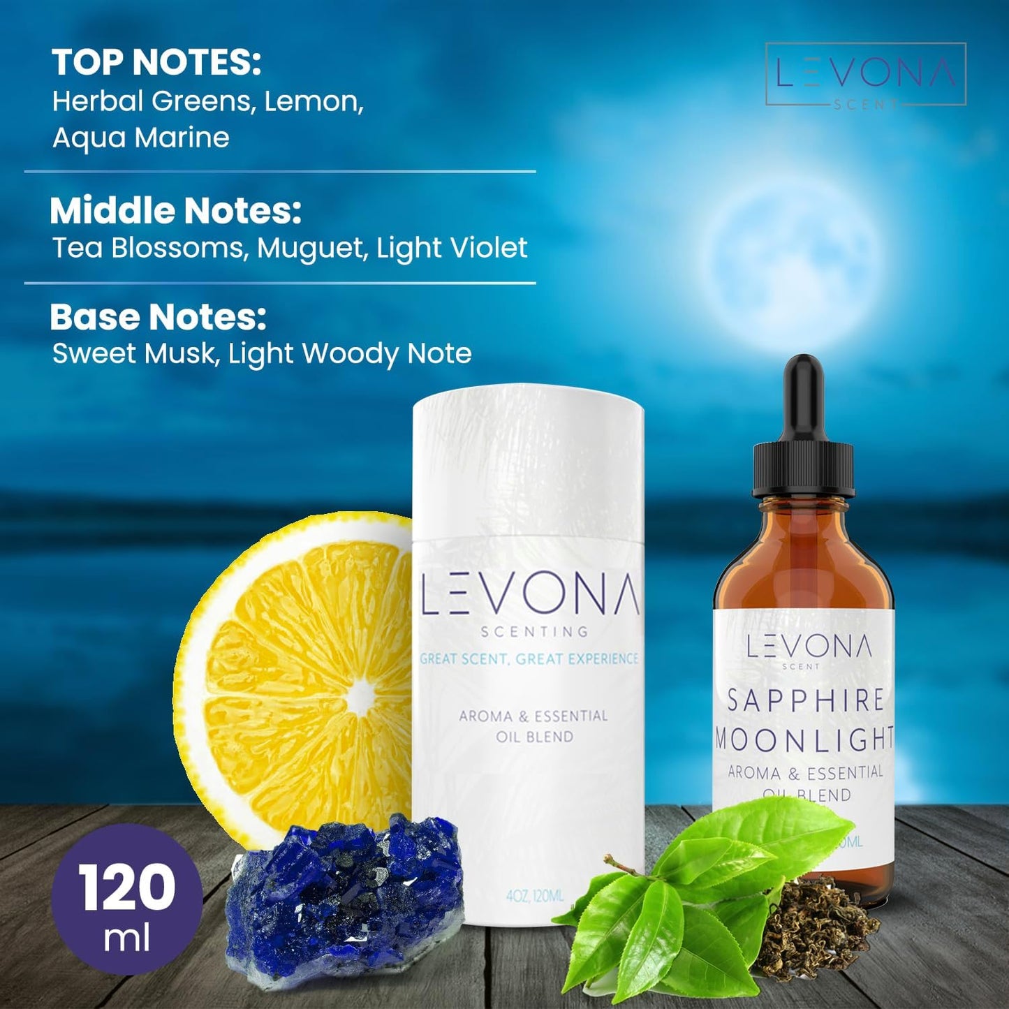 Levona Scent Essential Oils - Scents for Home, Hotel & Office Use - Perfect for Home Diffuser & Humidifiers - Aroma Fragrance Oil, Ideal for Massage, Relaxation, and Spa - Sapphire Moonlight, 120ml