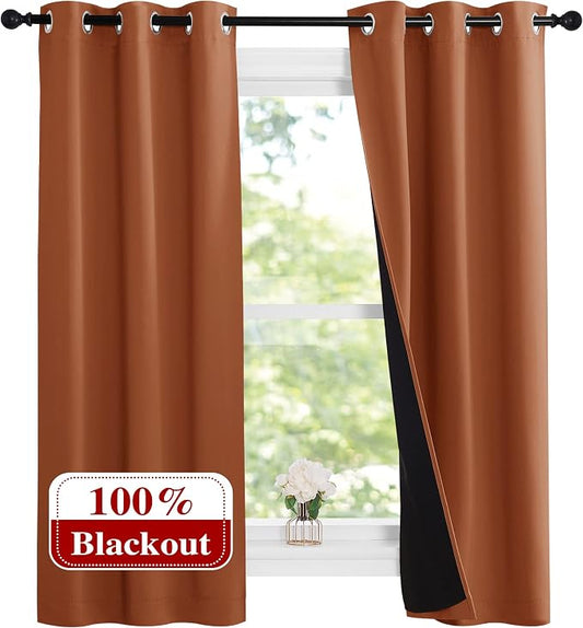 NICETOWN Burnt Orange 100% Blackout Lined Curtains, 2 Thick Layers Narrow Wide by NICETOWN