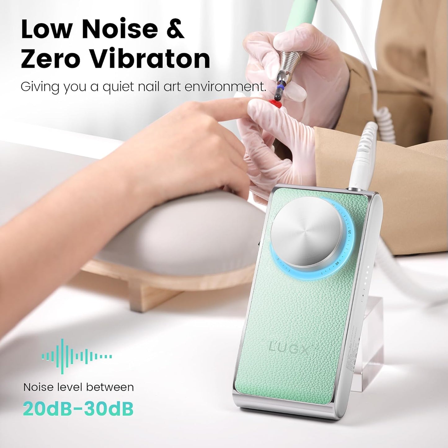 L'UGX Professional Nail Drill 30000RPM, Cordless Rechargeable Electric Nail File for Acrylic Nails Gel Polishing, Efile Nail Kit for Manicure Pedicure, Low Noise Low Vibration, 7Pcs Drill Bits, Green