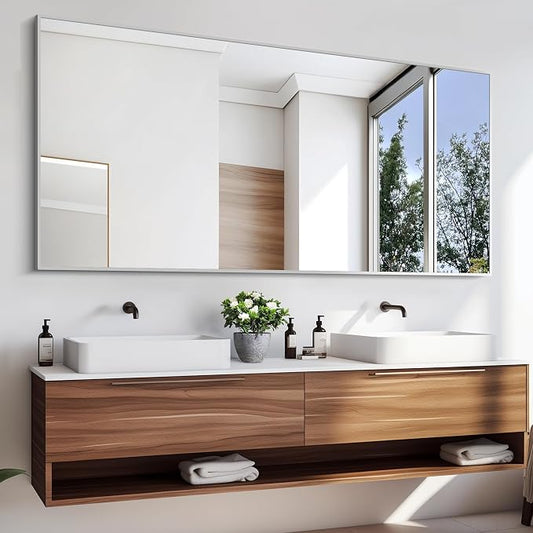 KOCUUY Silver Bathroom Mirror, HD Tempered Glass, Anti-Rust Brushed Silver Frame by KOCUUY