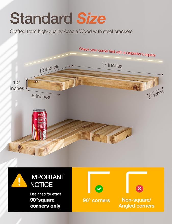 BATODA Acacia Corner Floating Shelves 17“x12”, Wall Shelves - Image 2