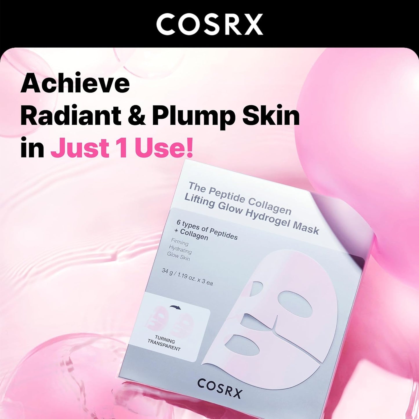 COSRX Pink Peptides Collagen Lifting Glow Hydrogel Face Masks Skincare 3 EA, Collagen Face Mask, Travel Essentials, Overnight Face Mask, Korean SkinCare