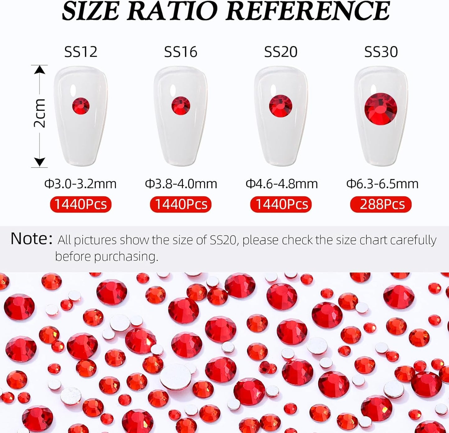 Light Siam Flatback Rhinestones, Glass Rhinestones for Nail Art and Craft, Glue Fix, Loose Crystal Gemstones(Red, SS30, 288pcs, 6.4-6.6mm)