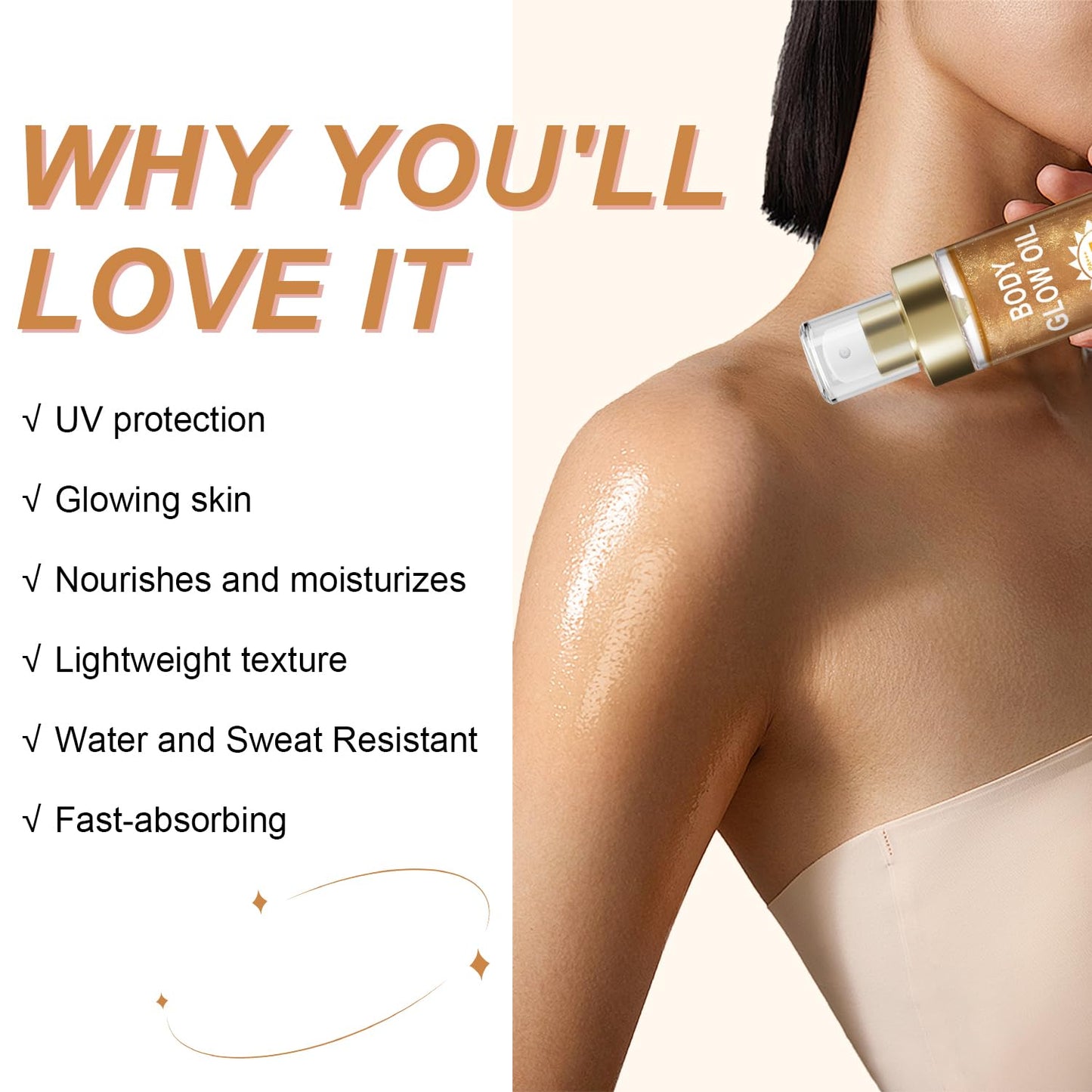 Body Glow Oil, Sunscreen Shimmer Oil, SPF 45 Broad Spectrum, Body Oil with with Coconut Oils, Moisturizing Glow for Face & Body, Liquid Illuminator Highlighter, Water Resistant, 3.72 fl oz (#3 AMBER)