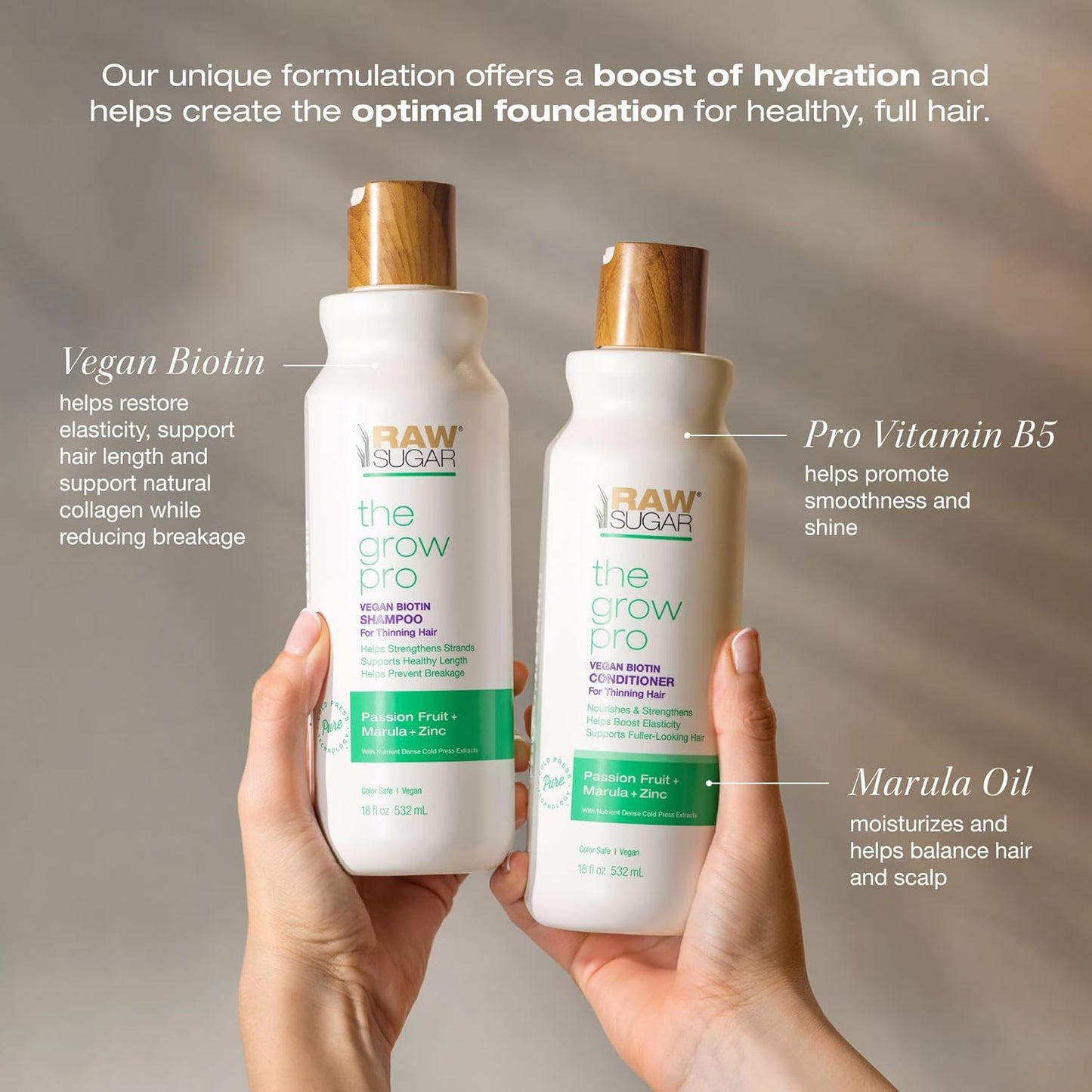 Raw Sugar Grow Pro Hair Care Bundle- Shampoo & Conditioner with Vegan Biotin for Anti-Thinning & Pro-Lengthening, Passion Fruit & Marula for Fuller Hair, Formulated without Sulfates + Parabens