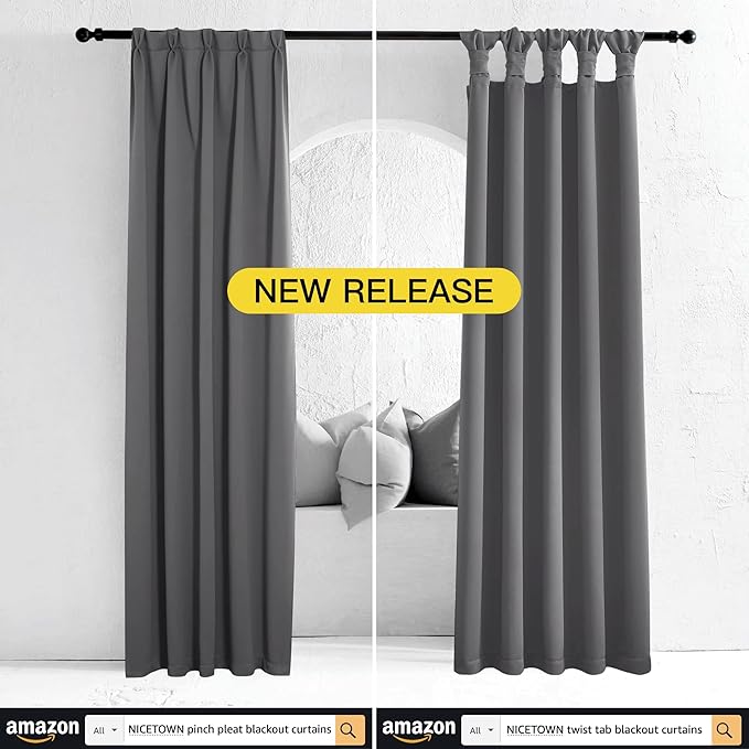 NICETOWN Grey Full Shade Curtain Panels, Pair of Energy Smart & Noise Blocking - Image 2