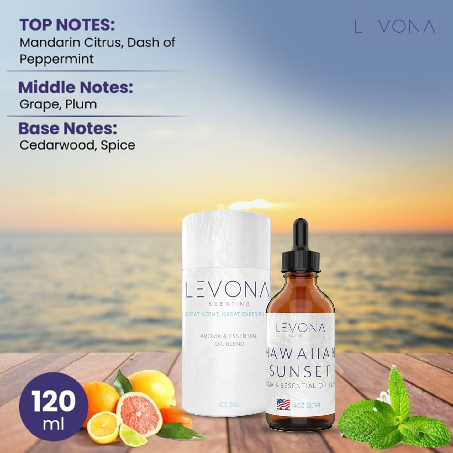 Levona Scent Essential Oils - Scents for Home, Hotel & Office Use - Perfect for Home Diffuser & Humidifiers - Aroma Fragrance Oil, Ideal for Massage, Relaxation, and Spa - Hawaiian Sunset, 120ml