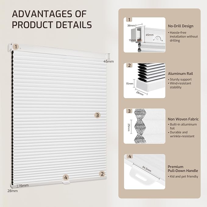 Grandekor No Tools No Drill Cordless Cellular Shades, UV Protection Privacy No - Image 9