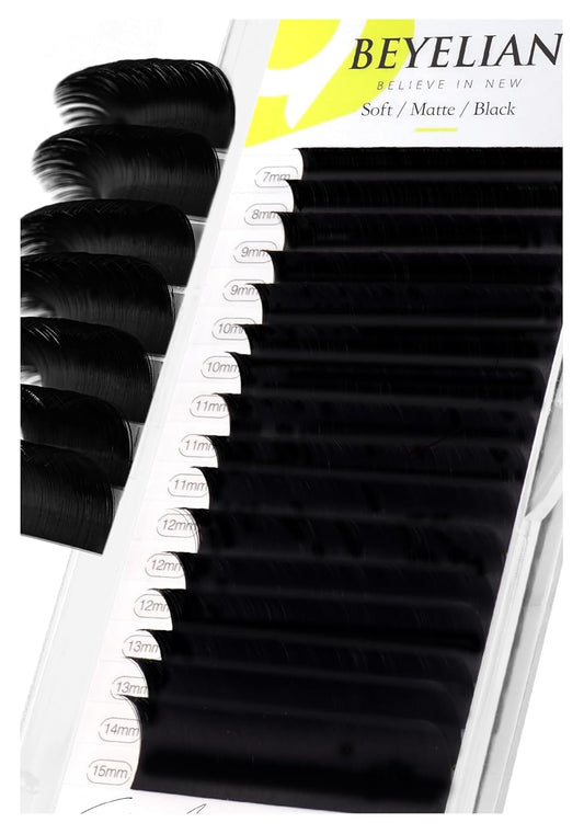 BEYELIAN Eyelash Extension 0.07 D+ Curl 7-15mm Mixed Tray Easy Fan Lash Extensions Volume Lashes Professional Use Natural Matte Black (0.07 D+ 7-15mm Mix)