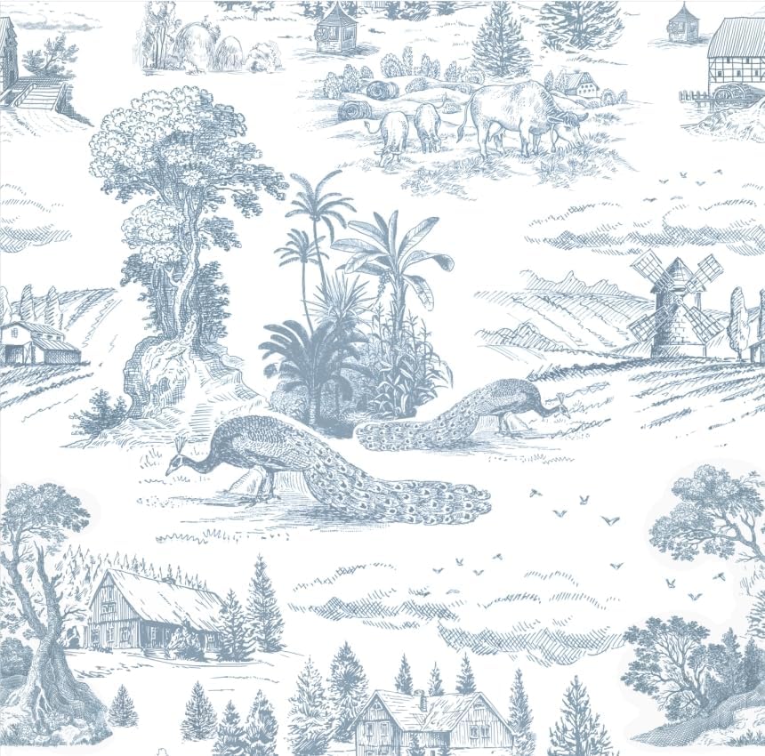 Abyssaly Toile Peel and Stick Wallpaper 17.3"×393.7" Blue White by Abyssaly