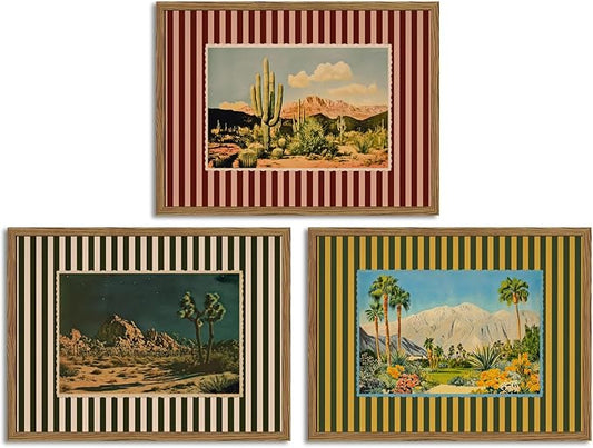 Framed Vintage Western Nature Landscape Wall Art Set of 3, Striped Postcards by Unknown