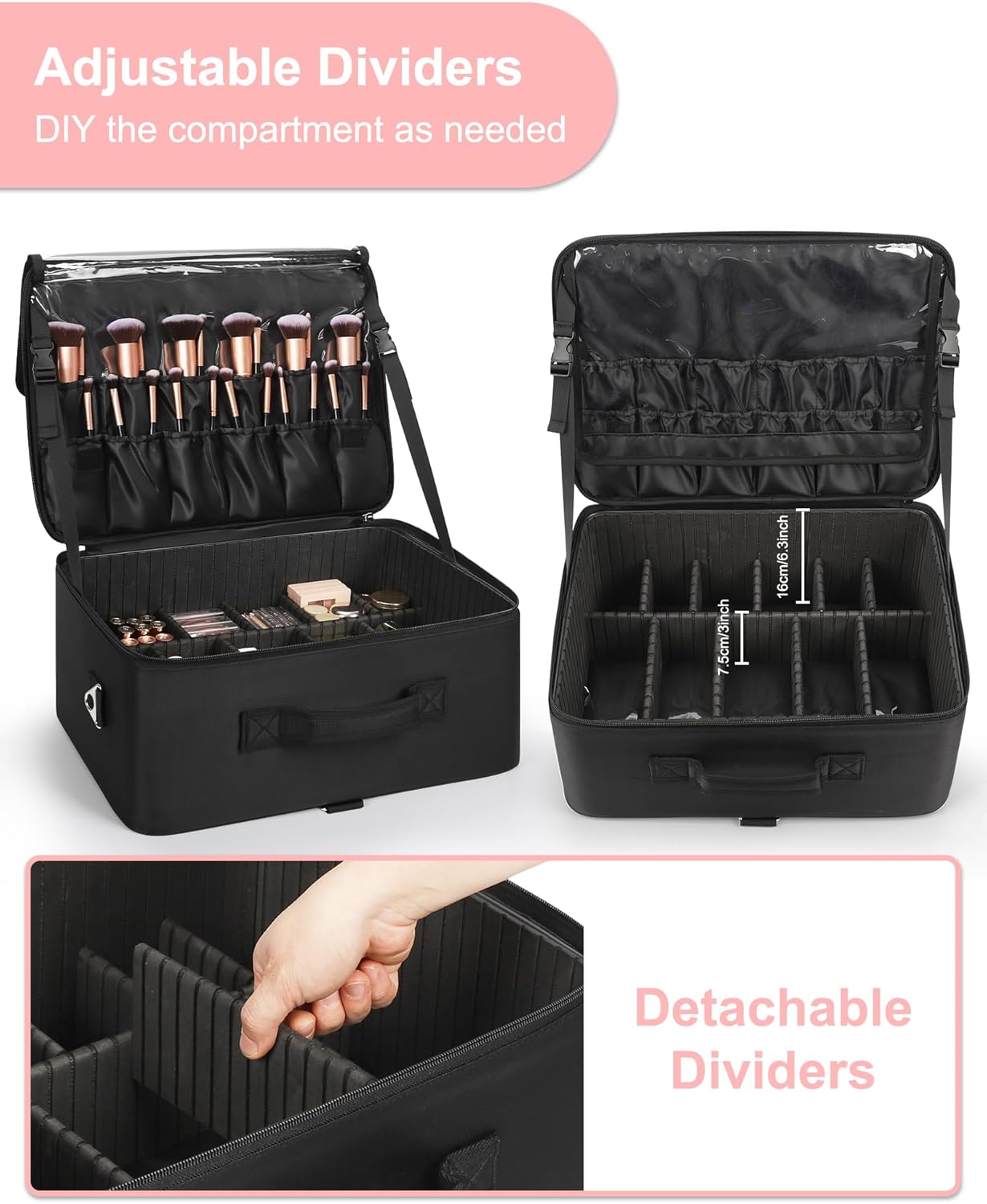 Relavel Extra Large Makeup Case Professional Cosmetic Storage Organizer Box Brush Holder with 4 Clear Set Bags & Lipstick Plate & Clear Makeup Brush Case for Makeup Artists Black