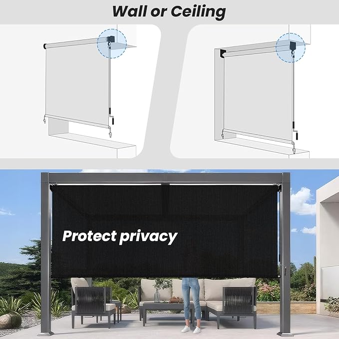 Custom Size Black Patio Shades Roll up Outdoor Roller Shade Crank Wand Blind - Image 4