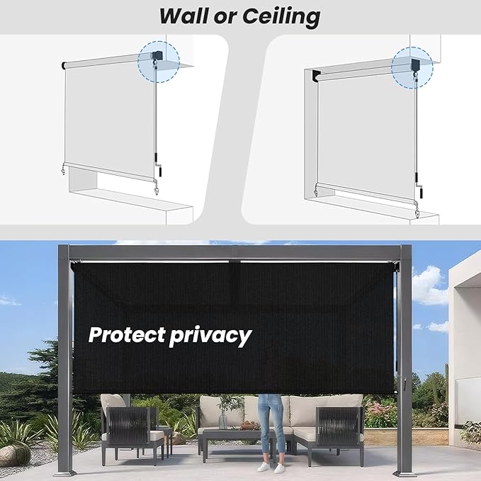 8'W x 6'H Black Patio Shades Roll up Outdoor Roller Shade Crank Wand Blind - Image 6