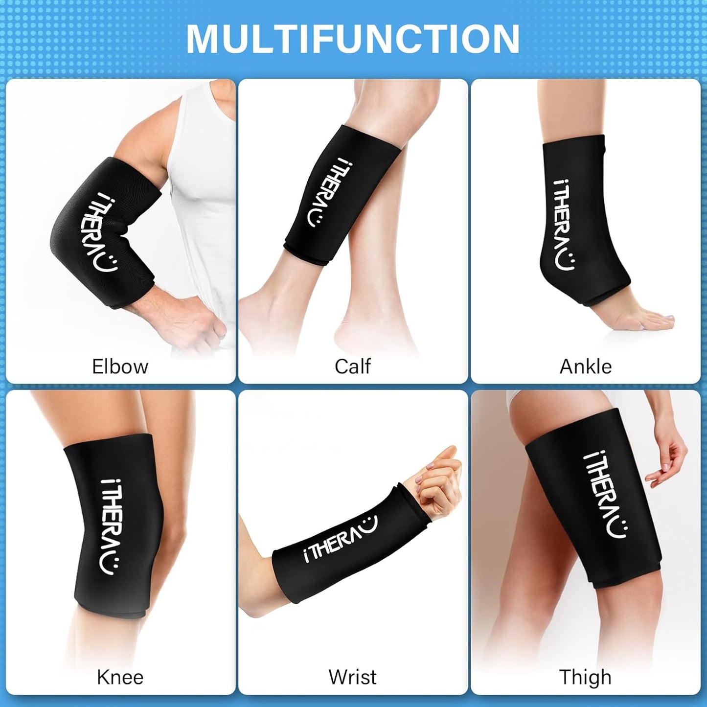 iTHERAU Knee Ice Pack Wrap 2 Pack, Reusable Gel Cold Pack with Cold/Hot Therapy, Cold Compression Sleeve for Elbow, Knee, Calf & Ankle for Pain Relief, Swelling, Surgery, Sports Injuries -Black, M