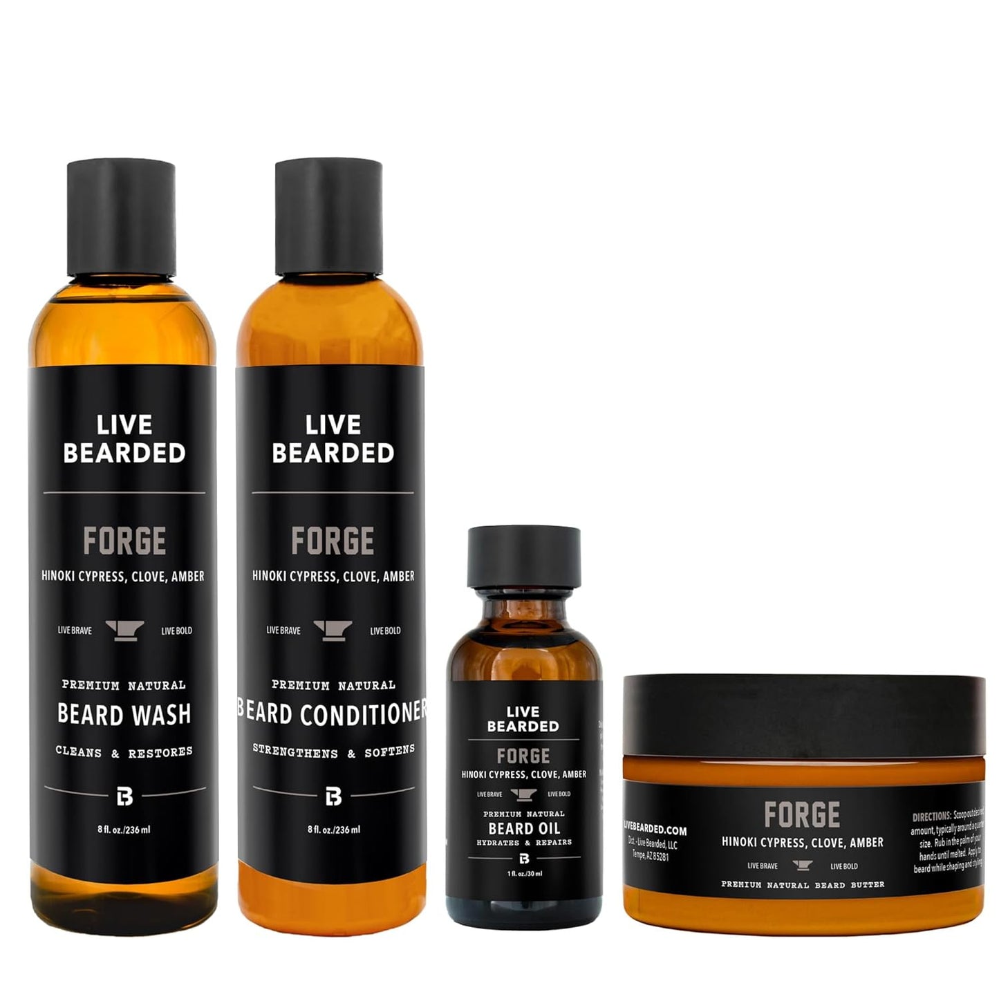 Live Bearded Complete Beard Grooming Kit, Made in the USA with All-Natural Ingredients - Beard Wash, Conditioner, Beard Butter & Beard Oil Kit - Forge Scent, Hinoki Cypress, Clove & Amber