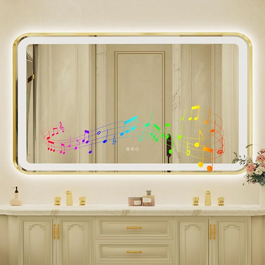 32x55 Inch Gold Framed LED Bathroom Mirror by Unknown